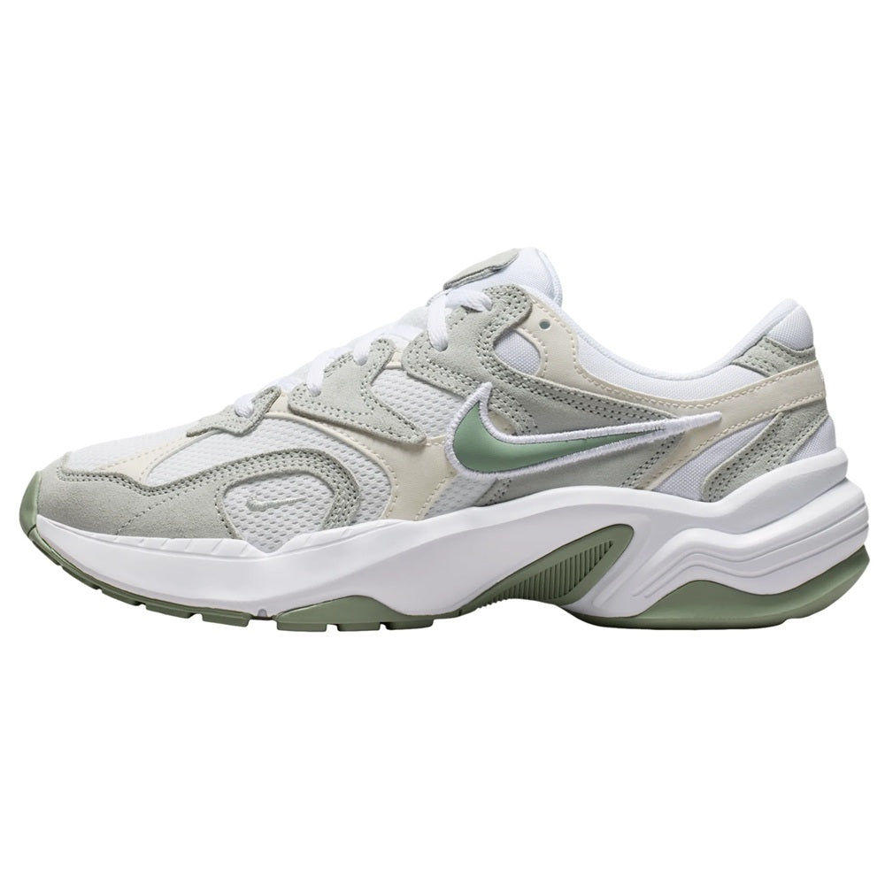 Nike AL8 women's running shoes in white, cream, and sage green; side profile view