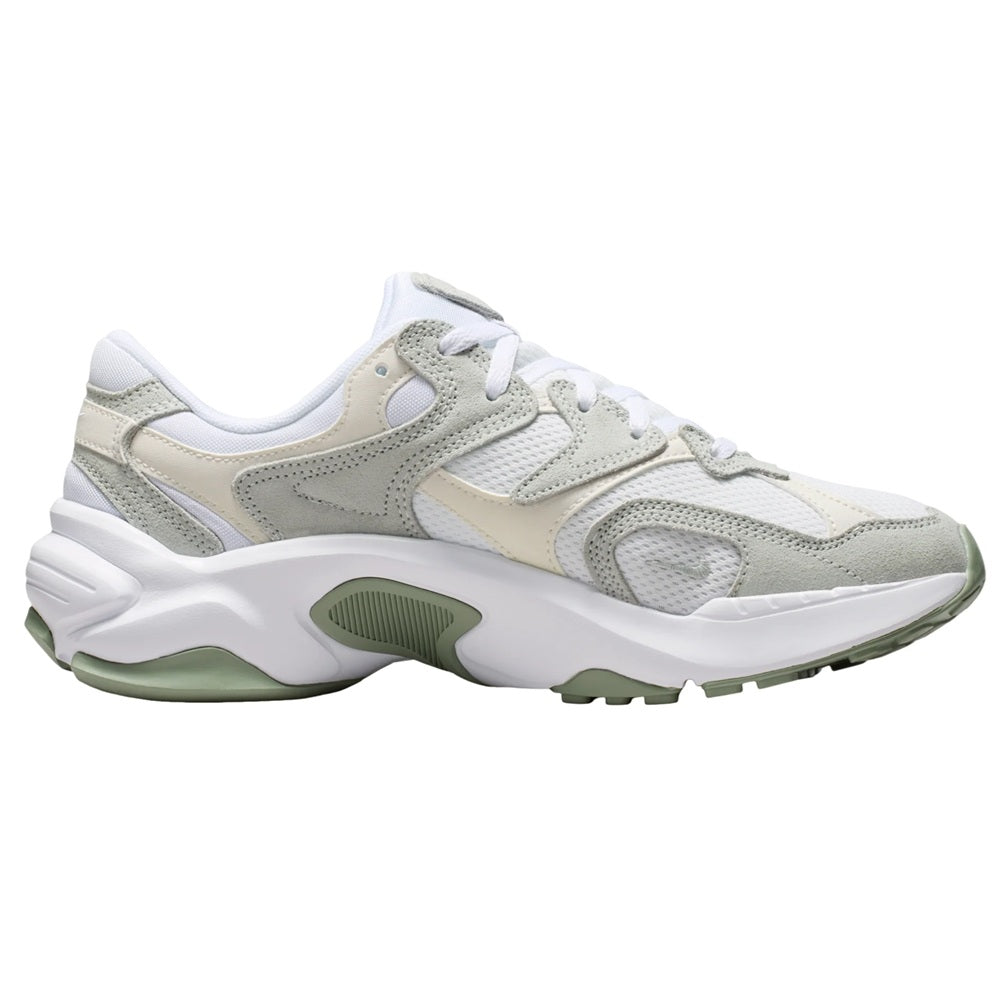 Nike AL8 women's running shoes, side angle with white mesh upper and sage-green sole
