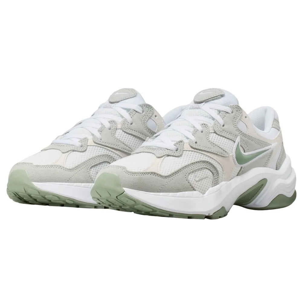 Nike AL8 women's running shoes, front view with white laces and sage-green accents