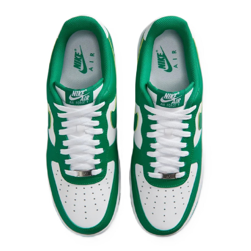 Nike Air Force 1 low sneakers front view, green uppers with white lace and eyelets