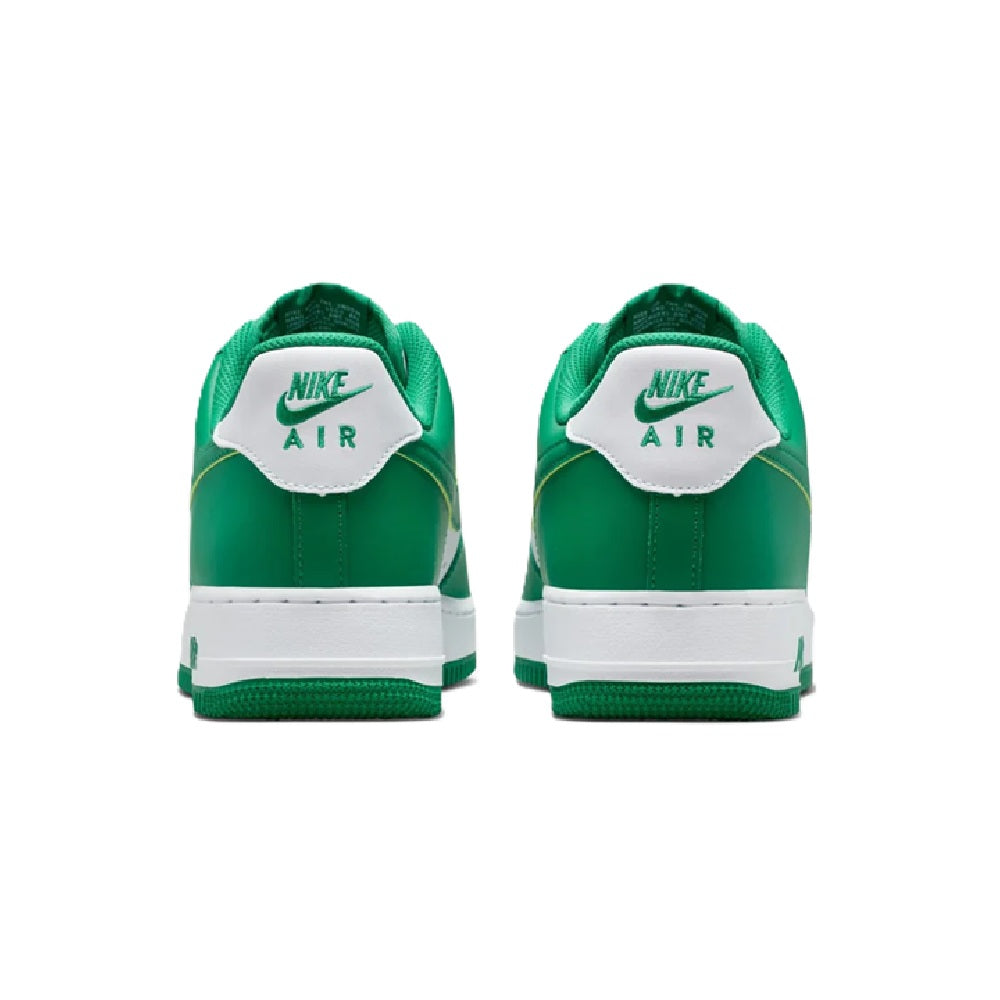 Nike Air Force 1 low sneakers heel view, green uppers with white midsoles