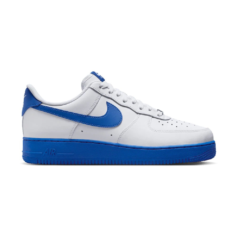 Men's Nike Air Force 1 '07 low-top sneakers, white leather with blue swoosh and sole.