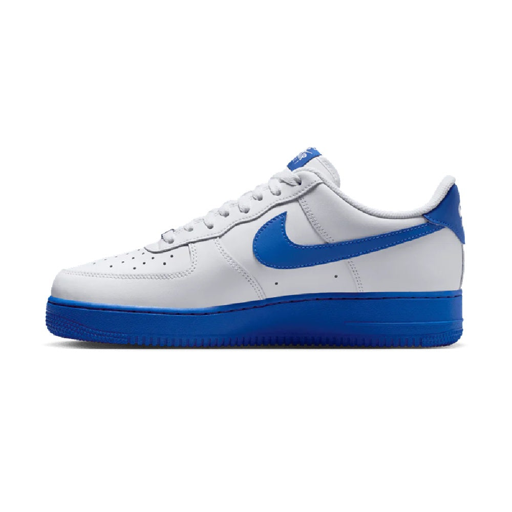 Air Force 1 '07 low-top sneakers in white with blue swoosh and lace-up front.