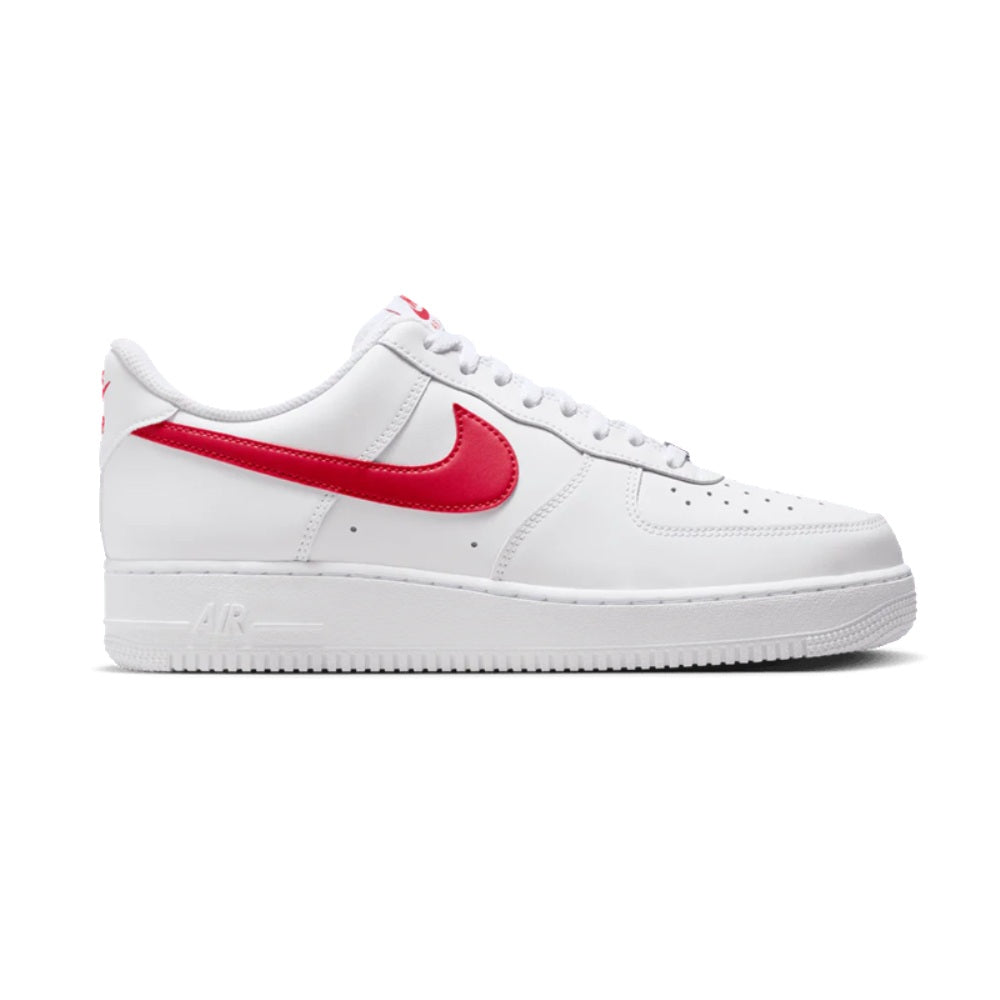 Nike Air Force 1 low-top sneakers in white with University Red swoosh, lace-up.