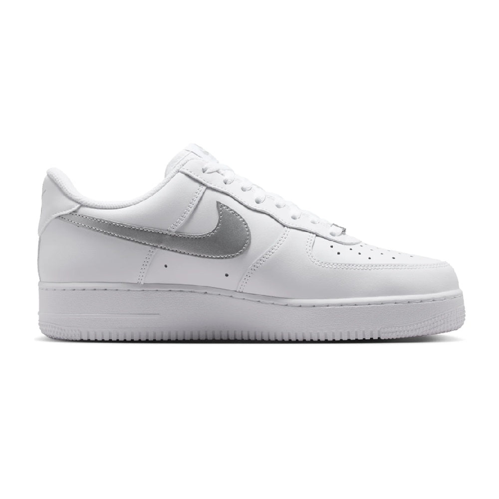 Men's Nike Air Force 1 sneakers, white upper with metallic silver Swoosh and laces
