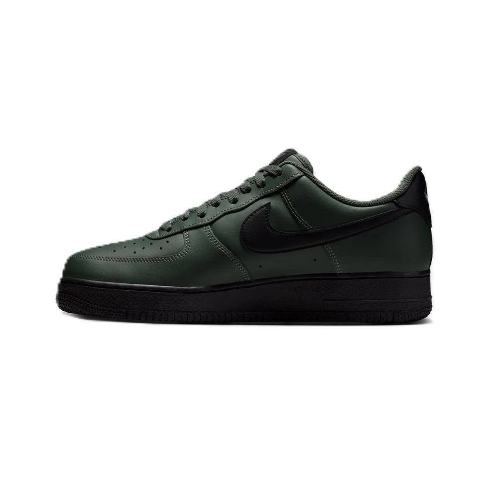 Nike Air Force 1 low-top sneaker in green camo leather with black Swoosh and laces