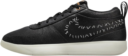 Black Nike low-top sneakers with lace-up front and stitched side graphic panel