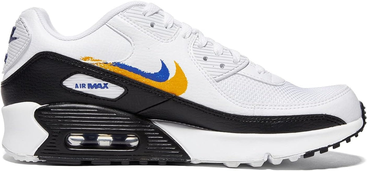 Kids' Nike Air Max 90 GS white sneaker, side view with Air Max window and swoosh