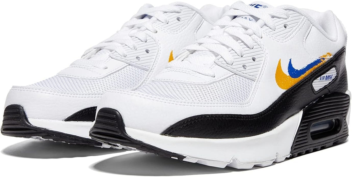 Kids' Nike Air Max 90 GS white sneaker with laces and blue/yellow swoosh accents
