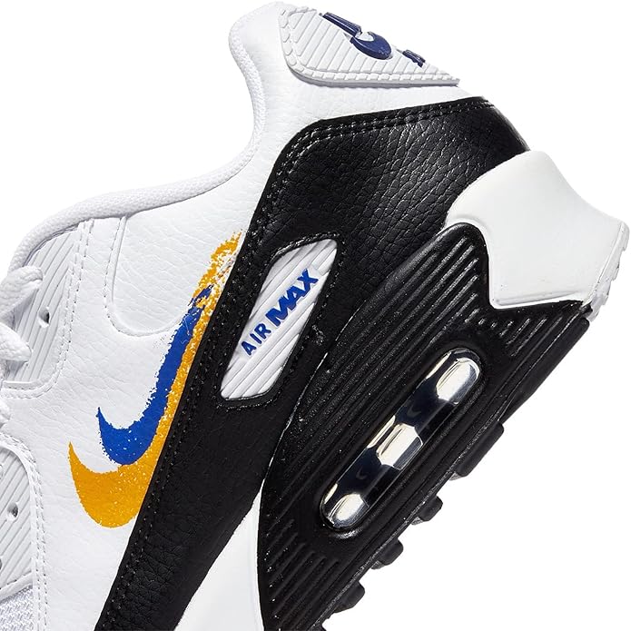 Kids' Nike Air Max 90 GS close-up: white upper with black panel, swoosh and Air Max logo