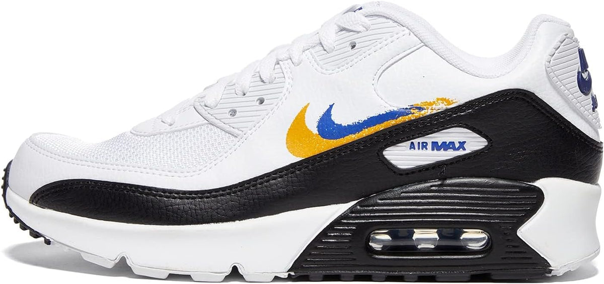 Kids' Nike Air Max 90 GS white sneaker with blue and yellow swoosh, black midsole