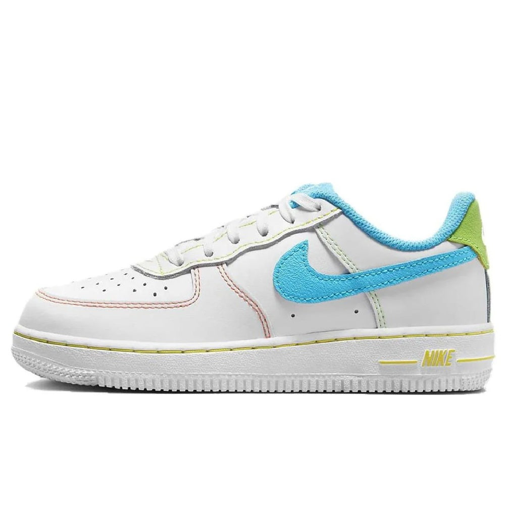 Kids' Nike Force 1 LV8 sneakers, white with blue swoosh and green accents