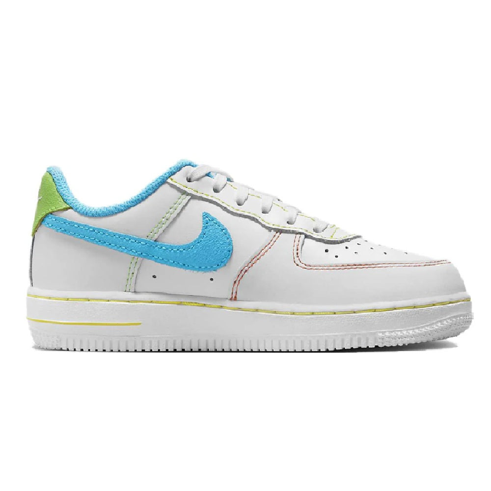 Kids' Nike Force 1 LV8 sneakers side view, white upper with blue swoosh