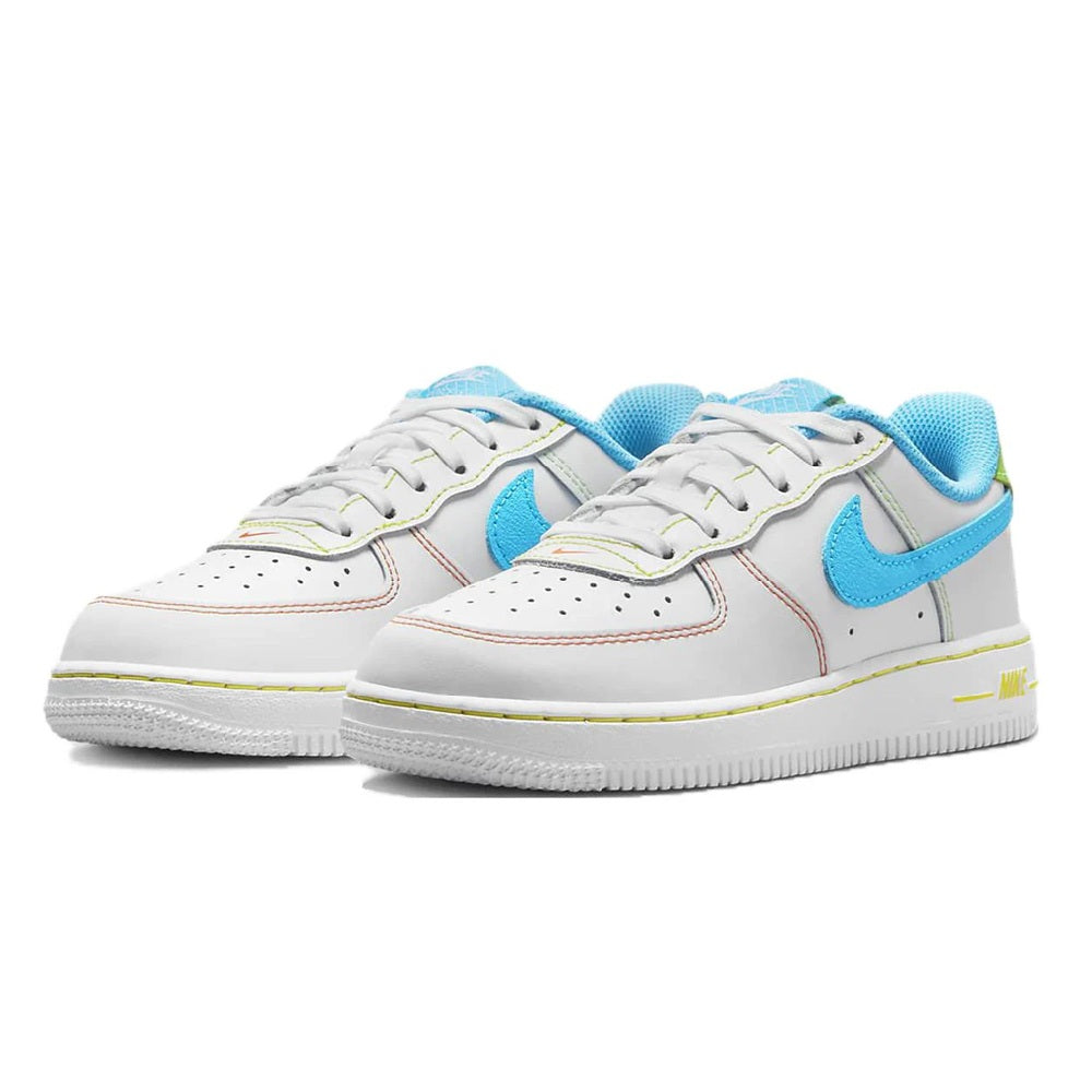 Kids' Nike Force 1 LV8 sneakers pair view, white with blue and green details