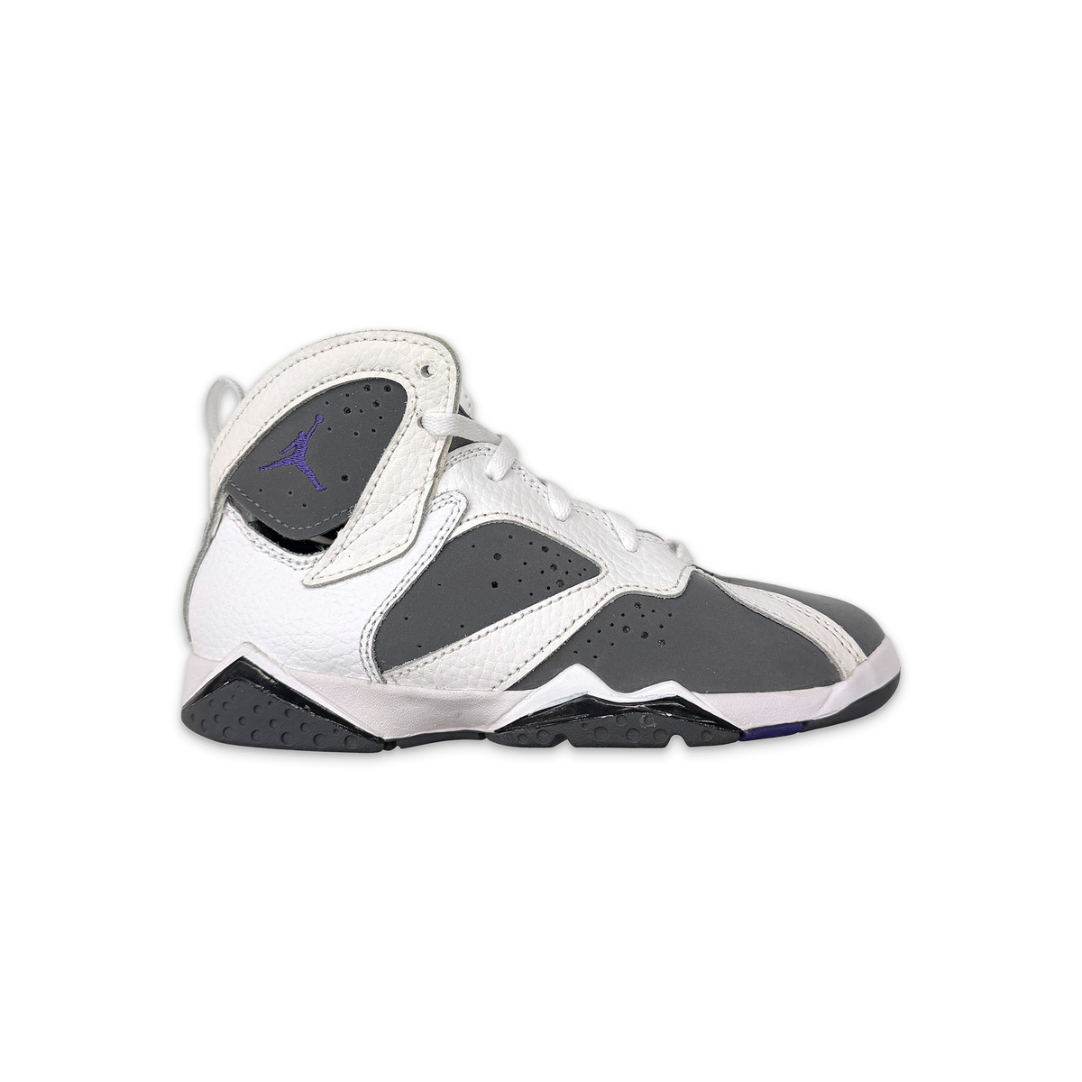 Kids Air Jordan 7 Retro sneaker in white with dark gray panels and purple logo accents