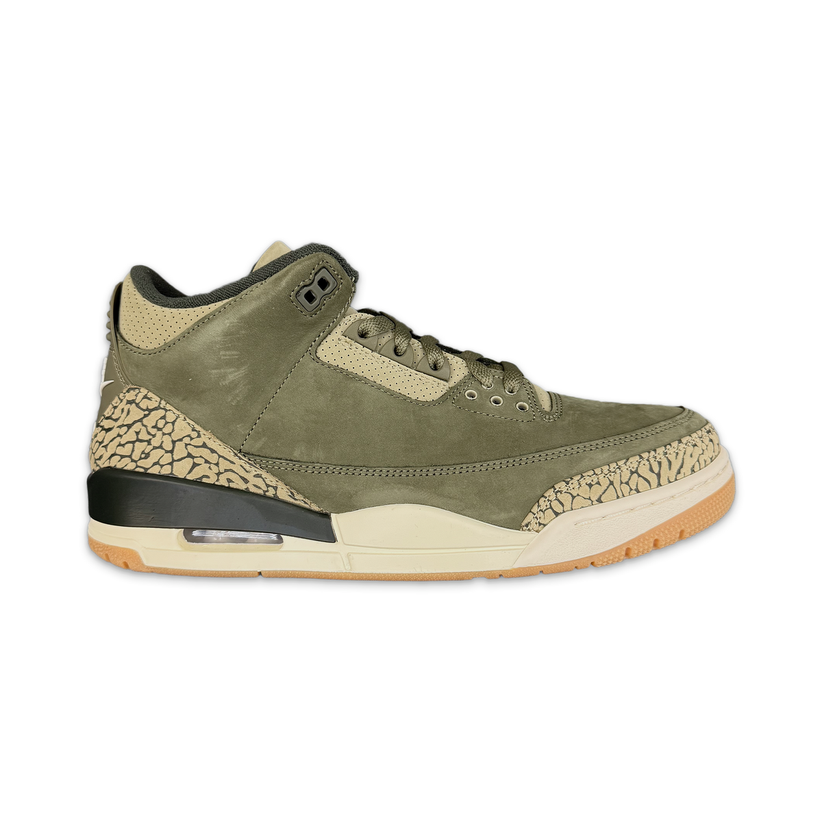 Air Jordan 3 Retro sneakers with olive suede upper, speckled side panel, white midsole, visible air unit