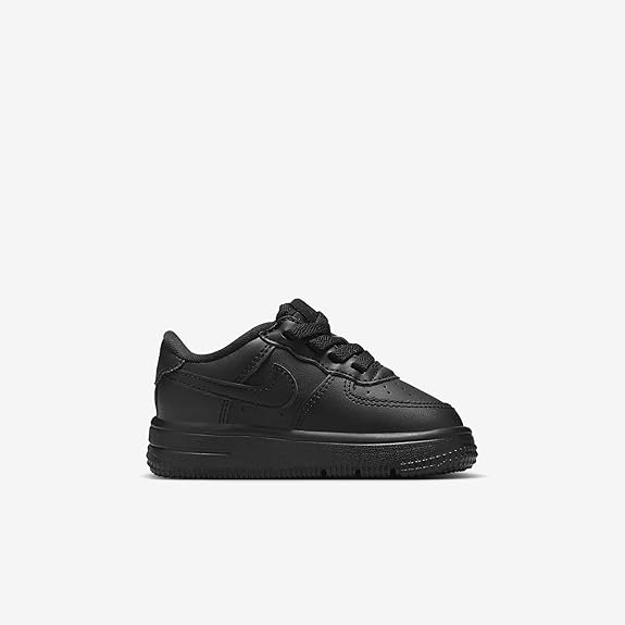 Toddler Nike Force 1 Low EasyOn black sneakers, side view with perforated toe