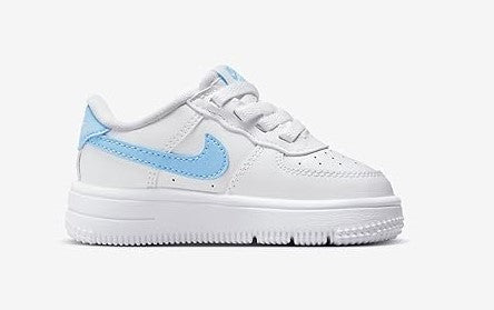 Toddler Nike Air Force 1 Low sneakers, side view in white with light blue swoosh