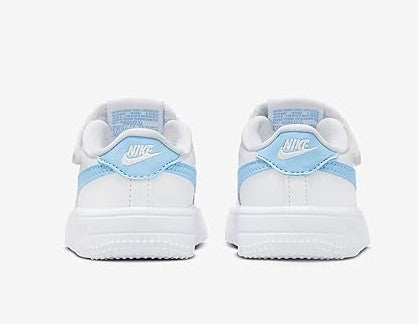 Toddler Nike Air Force 1 Low sneakers, back view in white with light blue heel tab