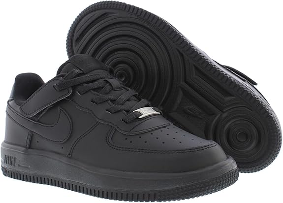 Kids' Nike Air Force 1 Low EasyOn black sneakers, treaded rubber outsole view