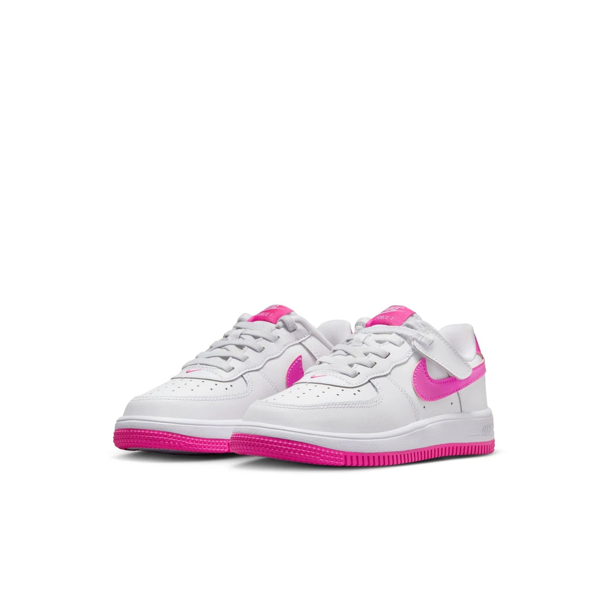Kids' Nike Force 1 Low pair, white with Laser Fuchsia side and heel accents