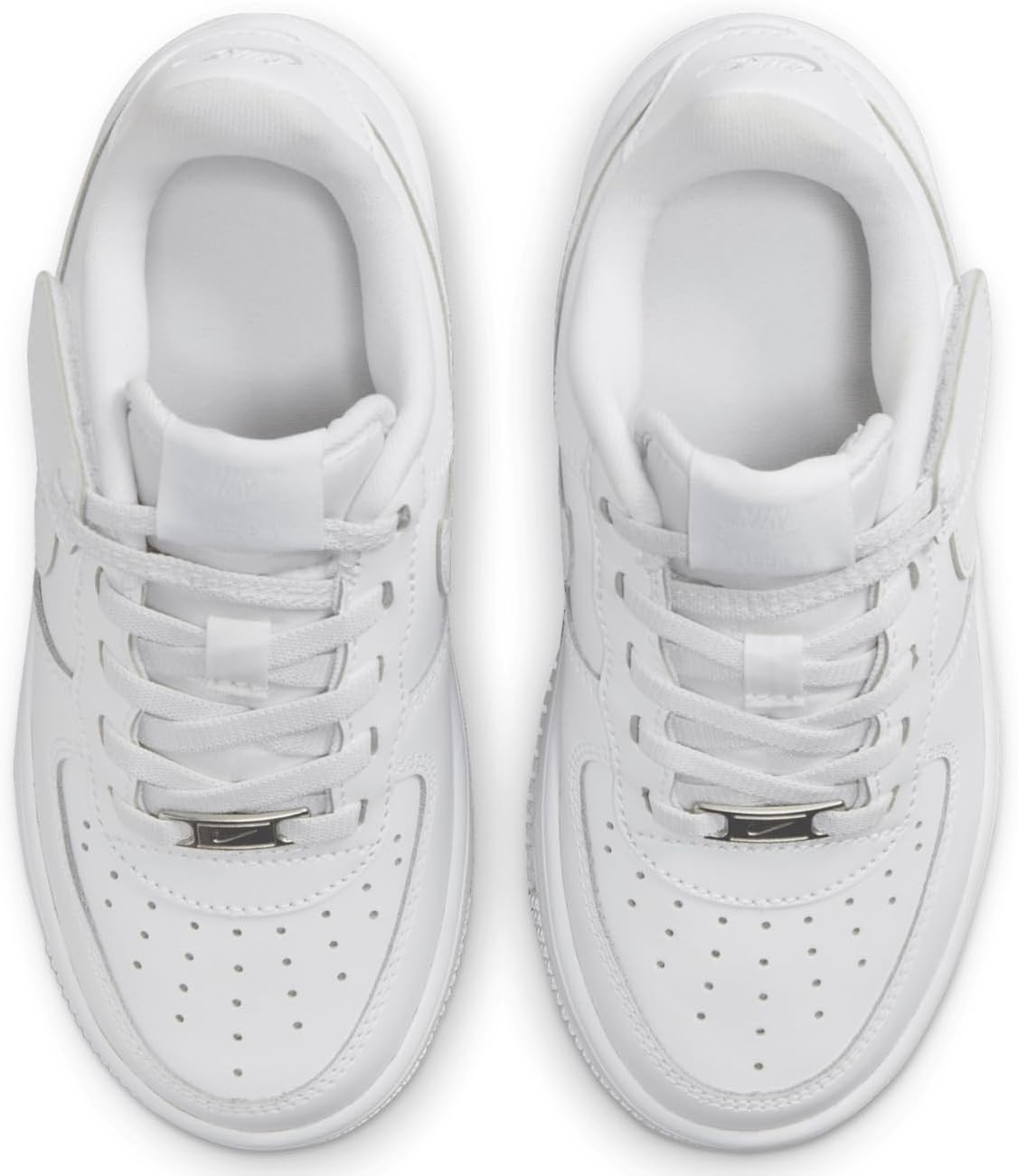 Kids' Nike sneakers, white front view with swoosh and perforated toe