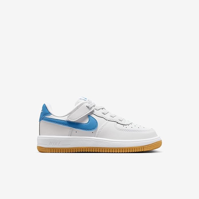 Kids Nike Air Force 1 Low easy-on sneakers, white upper with blue side panel and gum sole