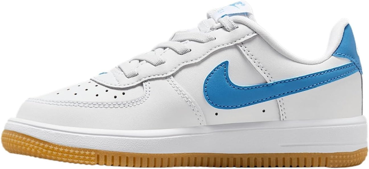 Kids Nike Air Force 1 Low easy-on sneakers, white with blue swoosh and gum sole