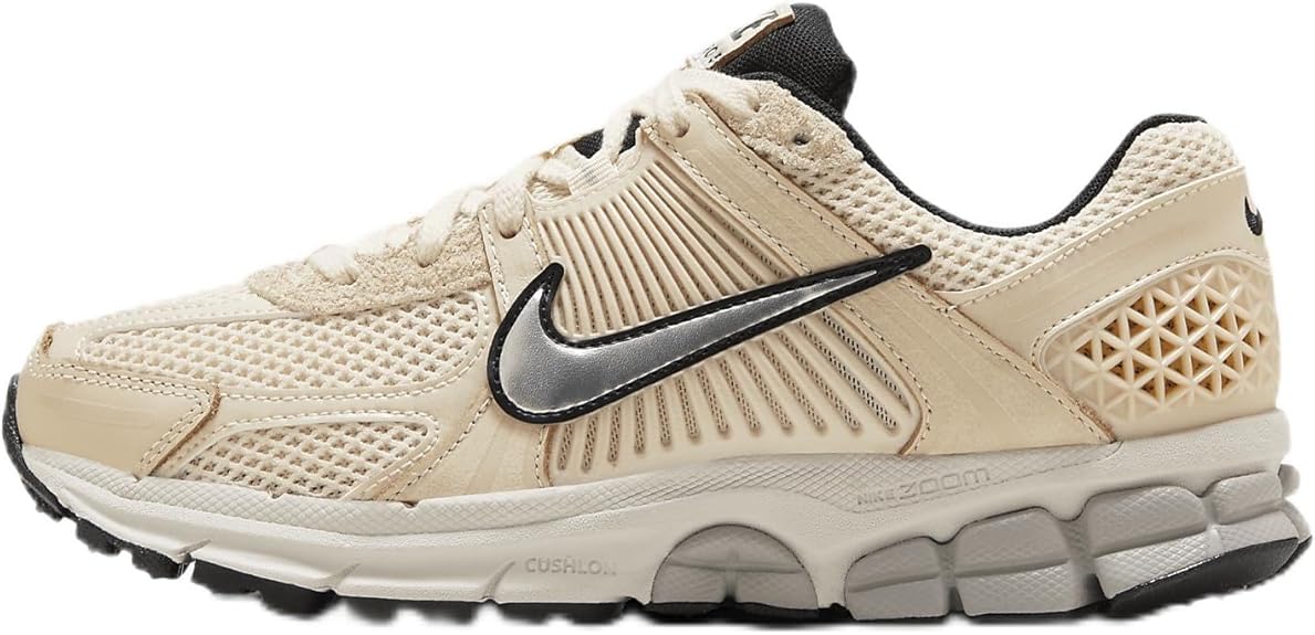 Women’s Nike Zoom Vomero 5 running shoes in pearl white and bone with black swoosh