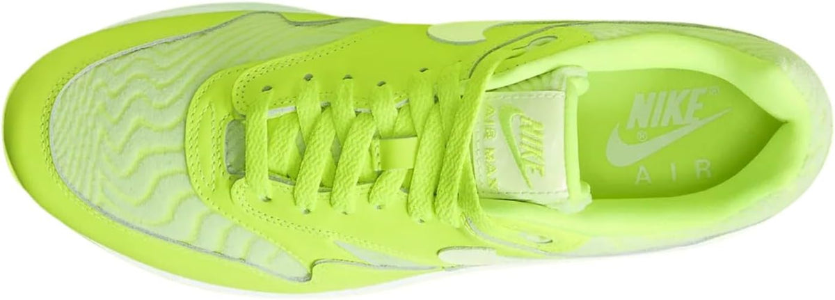 Lime green Air Max PRM sneakers with lace-up top and Nike tongue logo