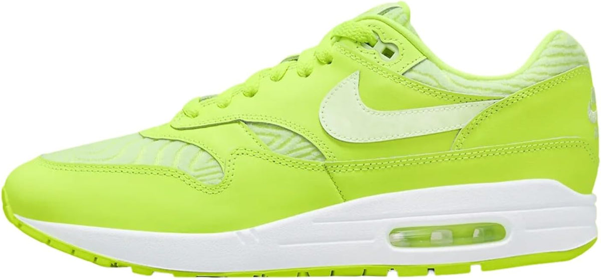 Lime green low-top sneakers with oversized Swoosh and visible Air Max window