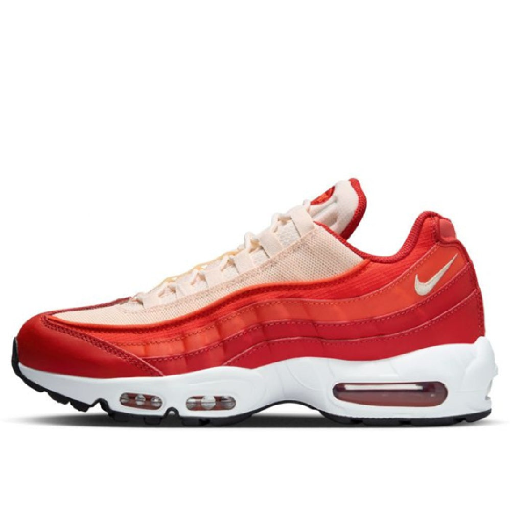 Nike Air Max 95 sneakers, red and light colorway, swoosh detail, air unit midsole