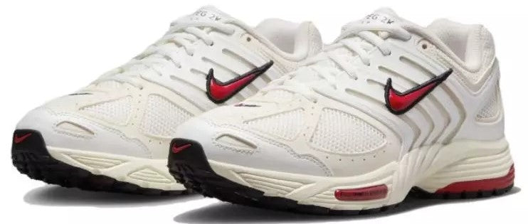 Women's Nike Air Peg 2K5 sneakers pair, white with red Swoosh logos