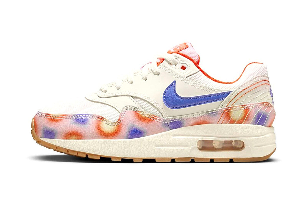 Kids' Nike Air Max 1 sneakers in sail with blue swoosh, orange accents
