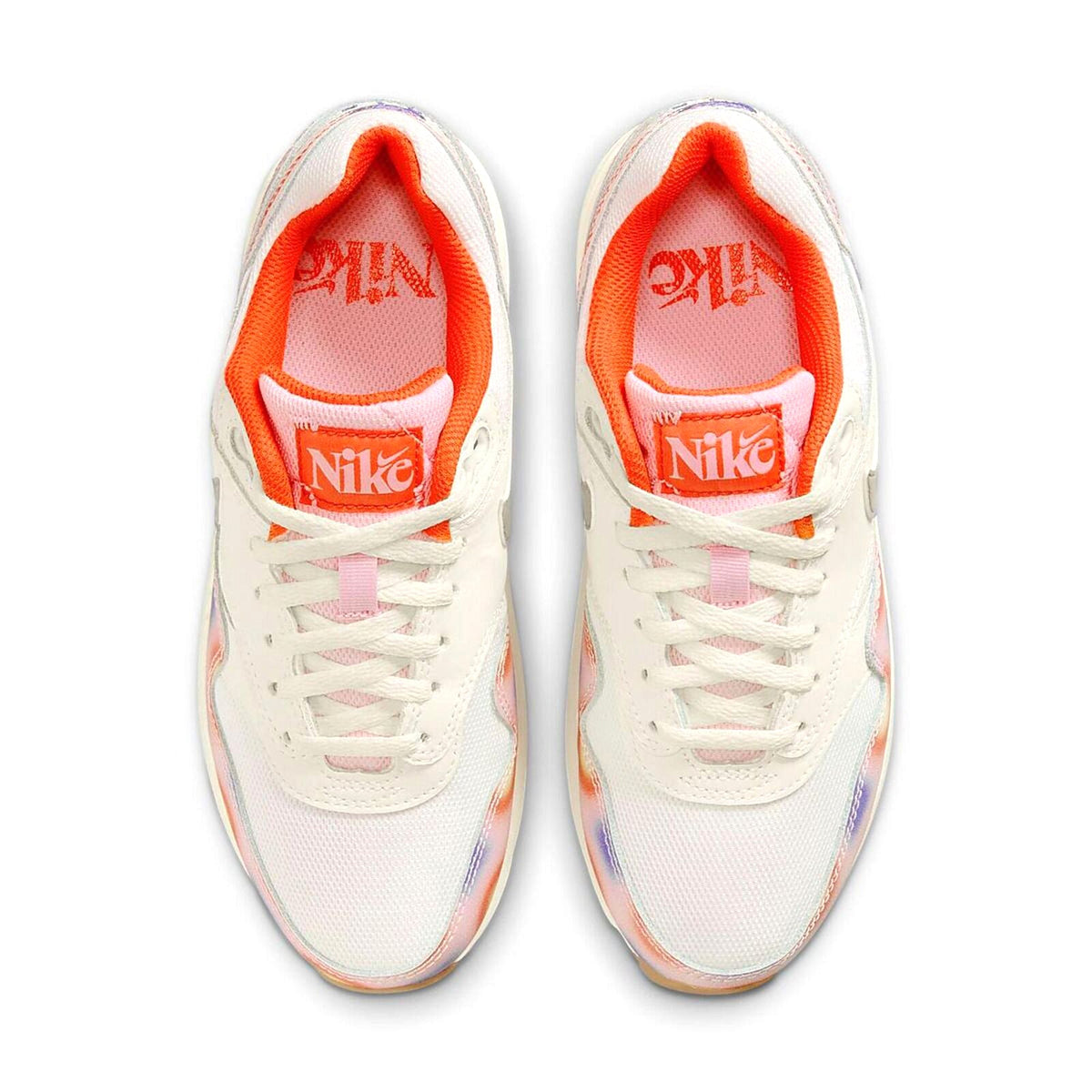 Kids' Nike Air Max 1 sneakers with orange-lined tongue and white lace-up design