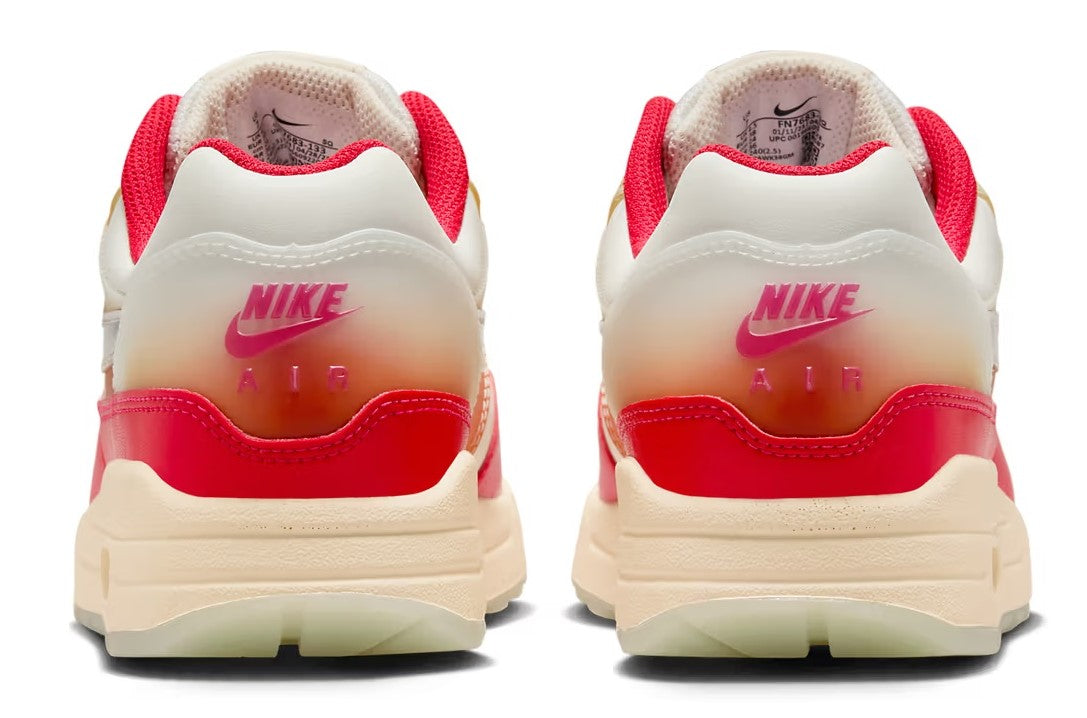 Women's Air Max sneakers, heels: cream back with red trim, Nike branding on heel