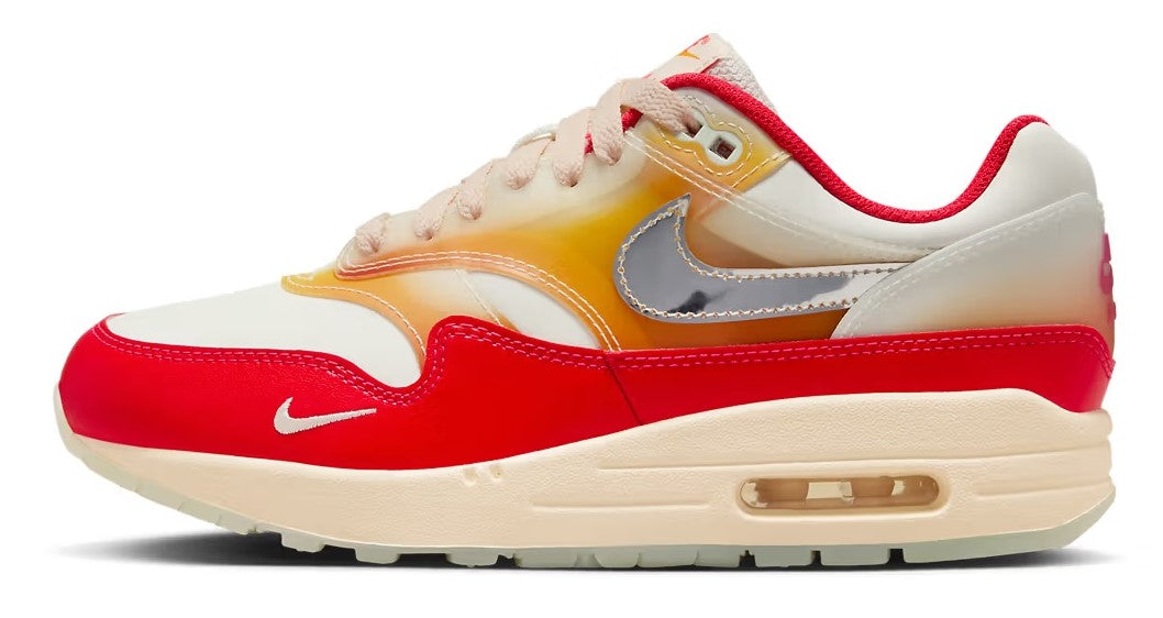Women's Nike Air Max 1 PRM sneakers: cream upper with red accents and metallic silver swoosh