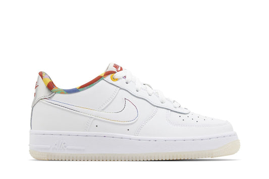 White kids Nike Air Force 1 sneakers with colorful multicolor trim, lace-up