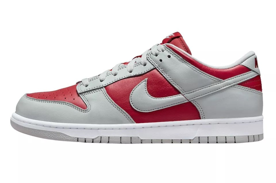 Nike Dunk Low low-top sneakers, white and gray with varsity red panels and swoosh