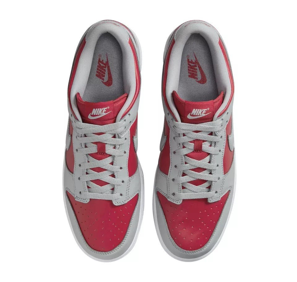 Nike Dunk Low sneakers, heel view with red interior lining and Nike logo on tongue
