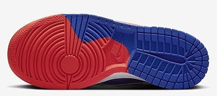 Kids sneaker outsole close-up, blue tread with red heel section