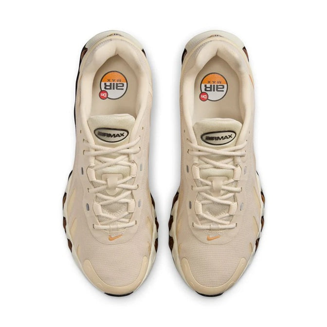 Light khaki lace-up sneaker pair with mesh upper and tongue logo
