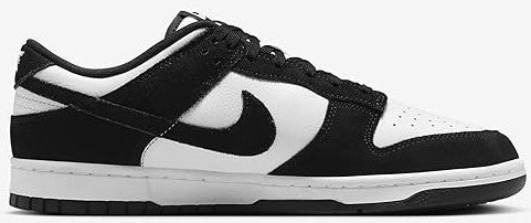 Black and white Nike Dunk Low sneakers, front side view with swoosh and laces