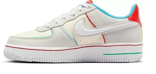 Kids' Nike Air Force 1 sneakers, pale ivory with blue collar and red heel tab
