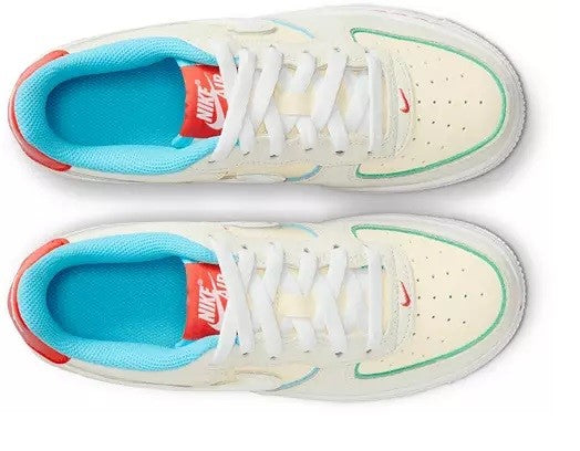 Kids' Nike Air Force 1 sneakers, pale ivory with blue interior and red Nike Air tongue
