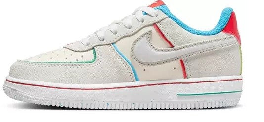 Kids' Nike Air Force 1 low-top sneakers, side view in white with blue and red trims.