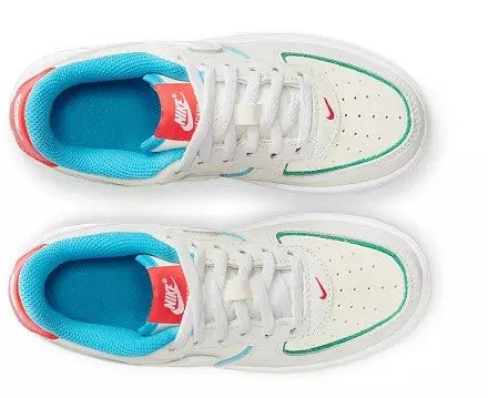Kids' Nike Air Force 1 low-top sneakers, toe view with blue interior lining.