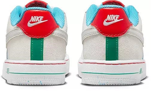 Kids' Nike Air Force 1 low-top sneakers, back view with Nike heel tabs and blue collar.