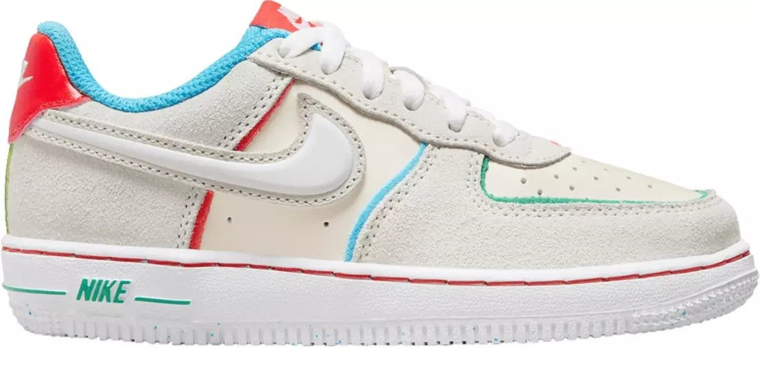Kids' Nike Air Force 1 low-top sneakers, white with blue and red accents.