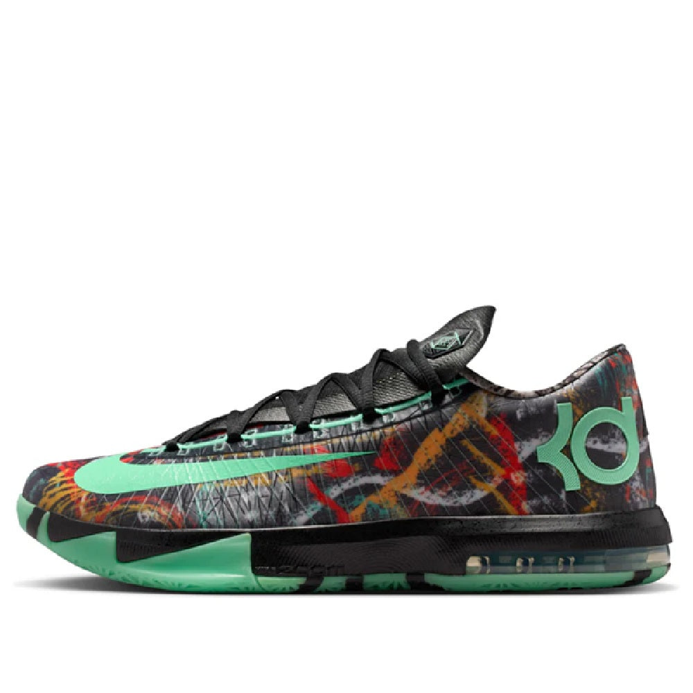 Men's Nike KD VI low-top sneakers, black with green and red graphic print, visible swoosh